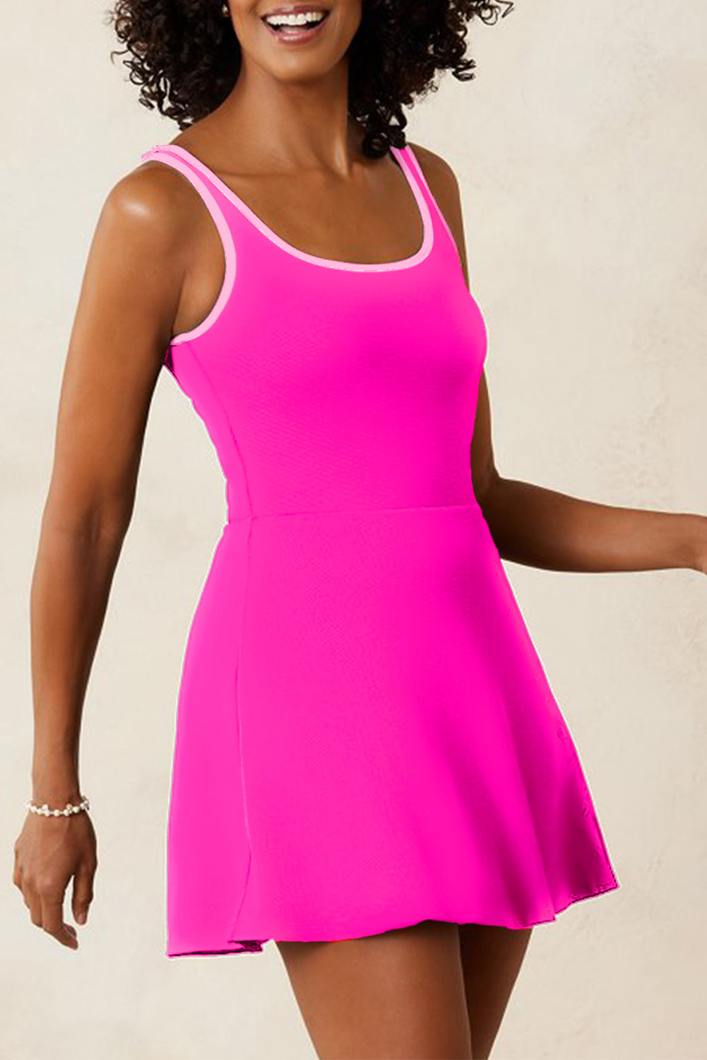 Contrast-trim athletic swim dress with attached shorts, bright pink racerback