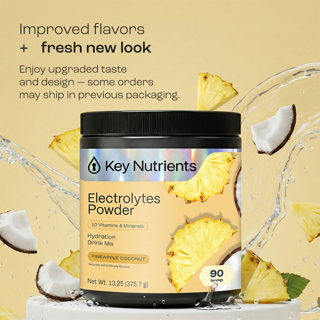 Electrolytes Powder tub with pineapple and coconut pieces, plus splash graphic