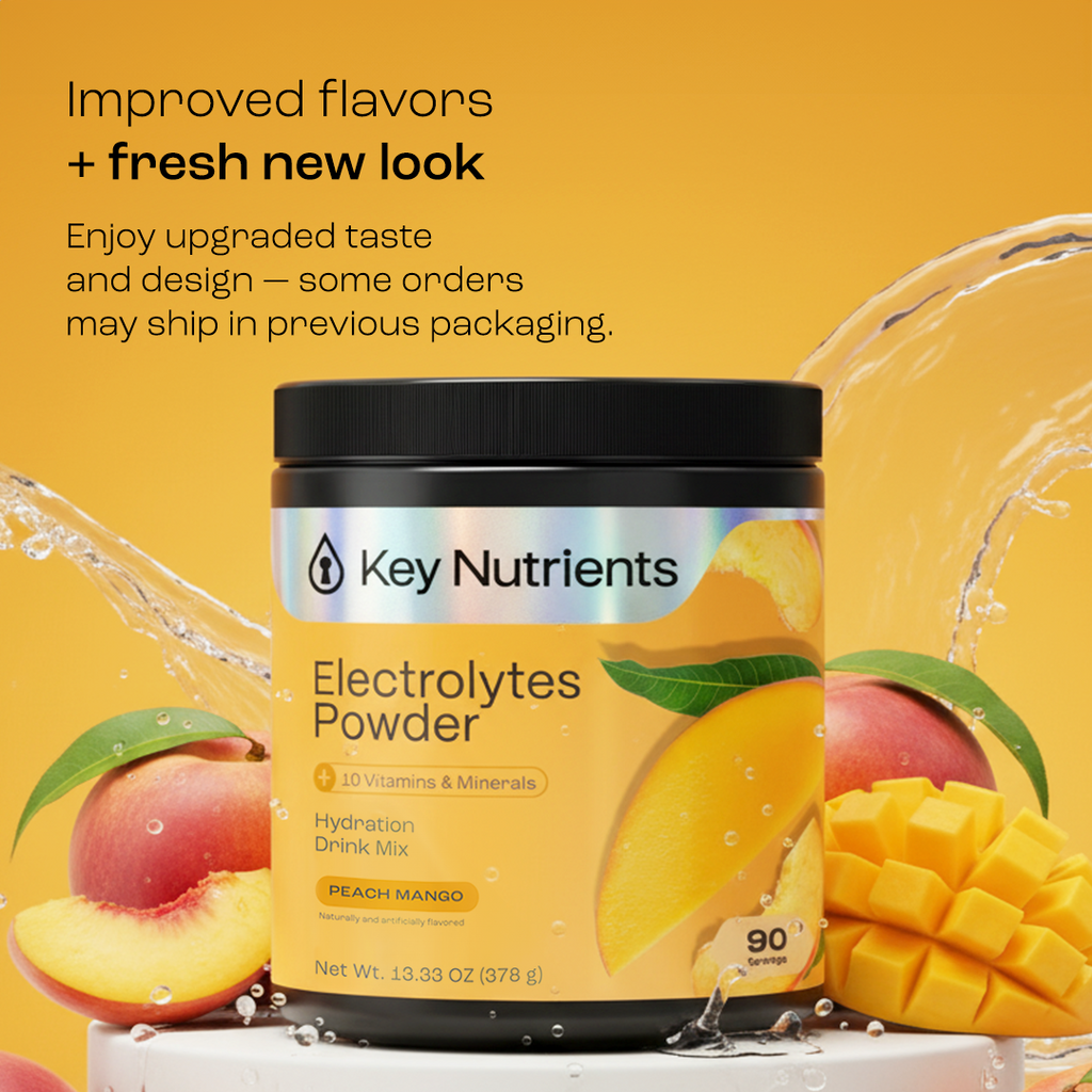 Electrolytes Powder container with Peach Mango label and mango/peach artwork