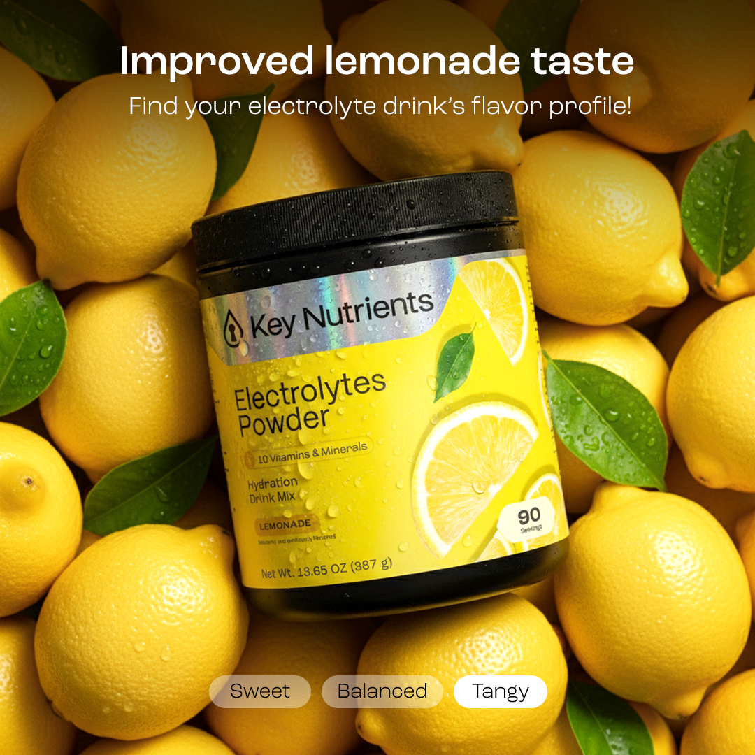 Key Nutrients electrolytes powder tub in lemonade flavor surrounded by lemons