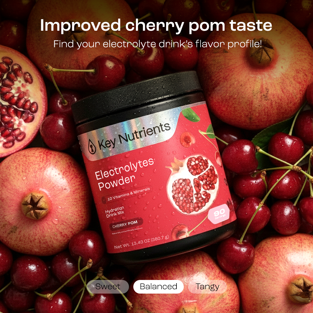 Cherry Pom Electrolytes Powder tub with cherries and pomegranate