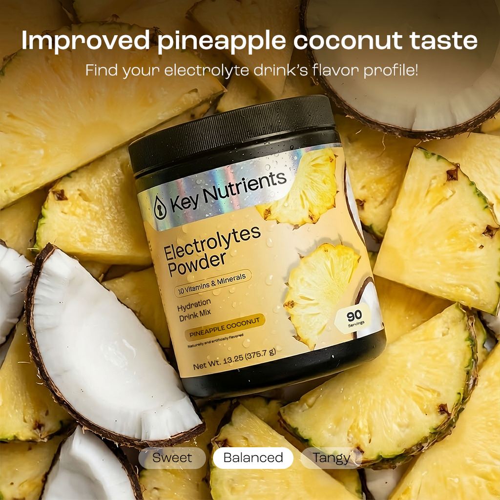 Electrolytes Powder tub, Pineapple Coconut flavor (sugar-free), 90 servings shown