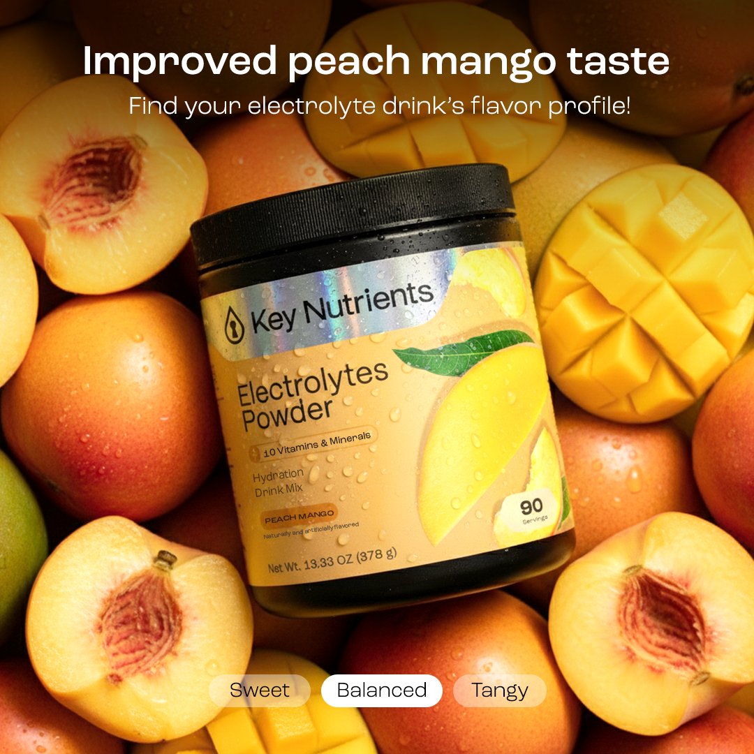 Electrolytes Powder container, Peach Mango flavor, surrounded by peaches and mango
