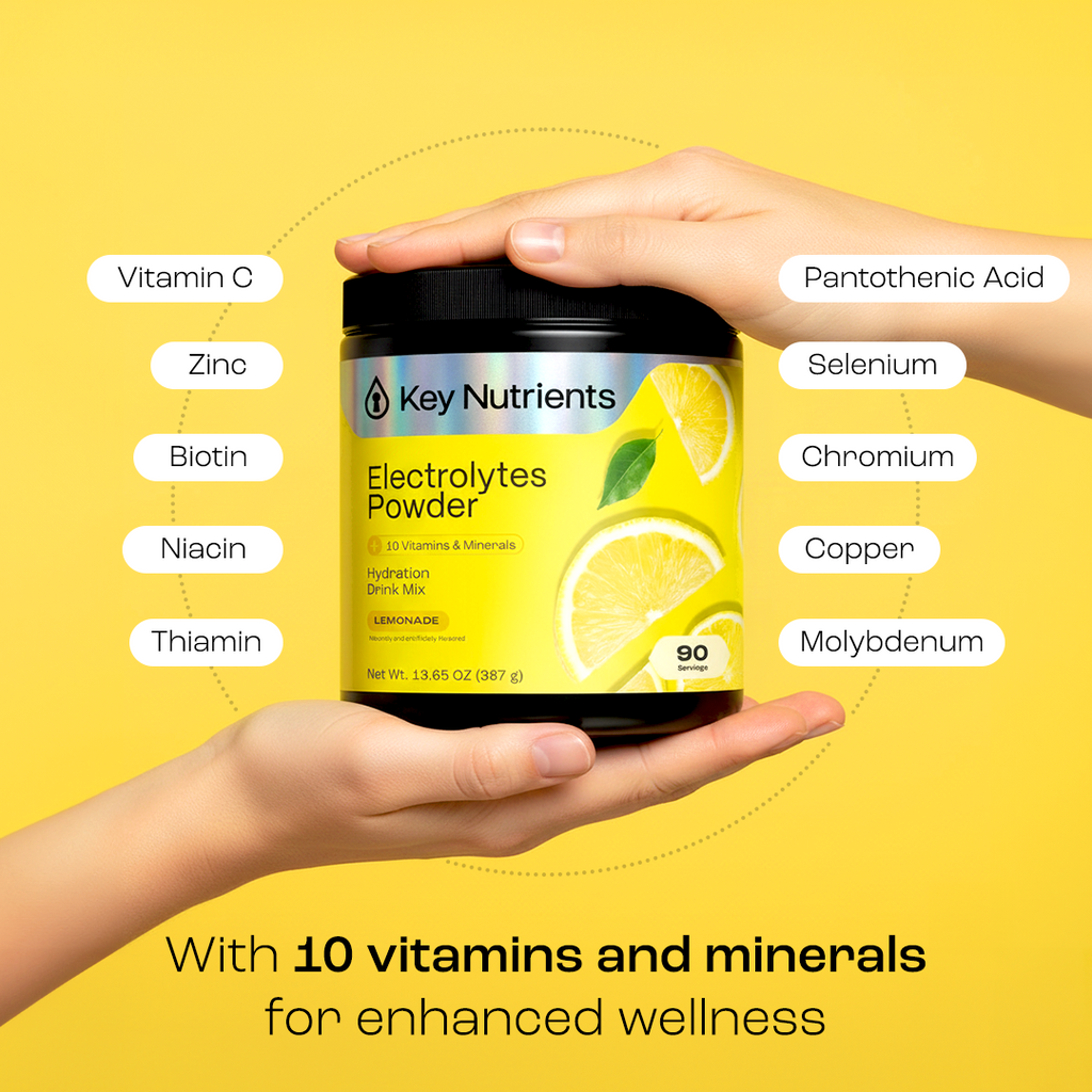Electrolytes Powder tub showing 10 vitamins and minerals on the front label