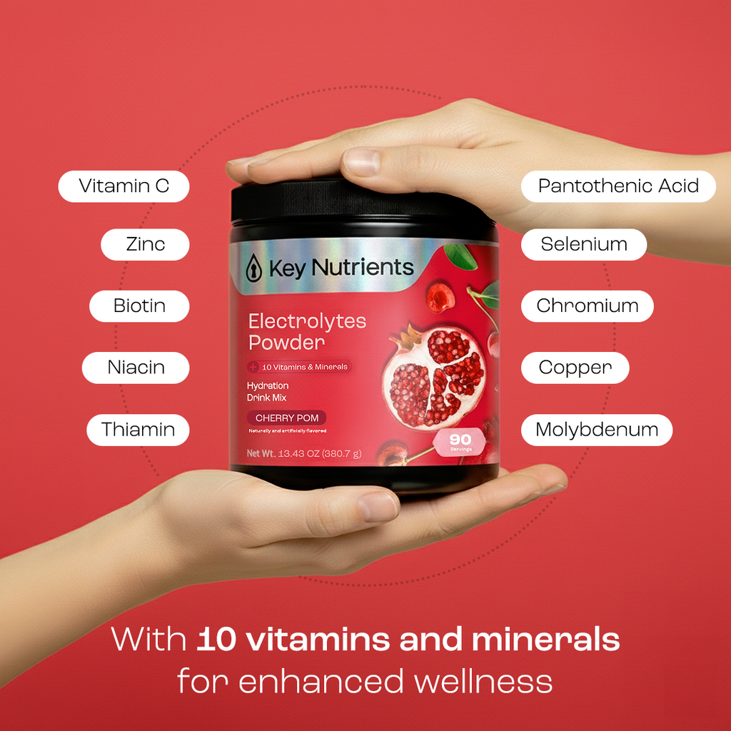 Electrolytes Powder tub, Cherry Pom flavor, held in hands