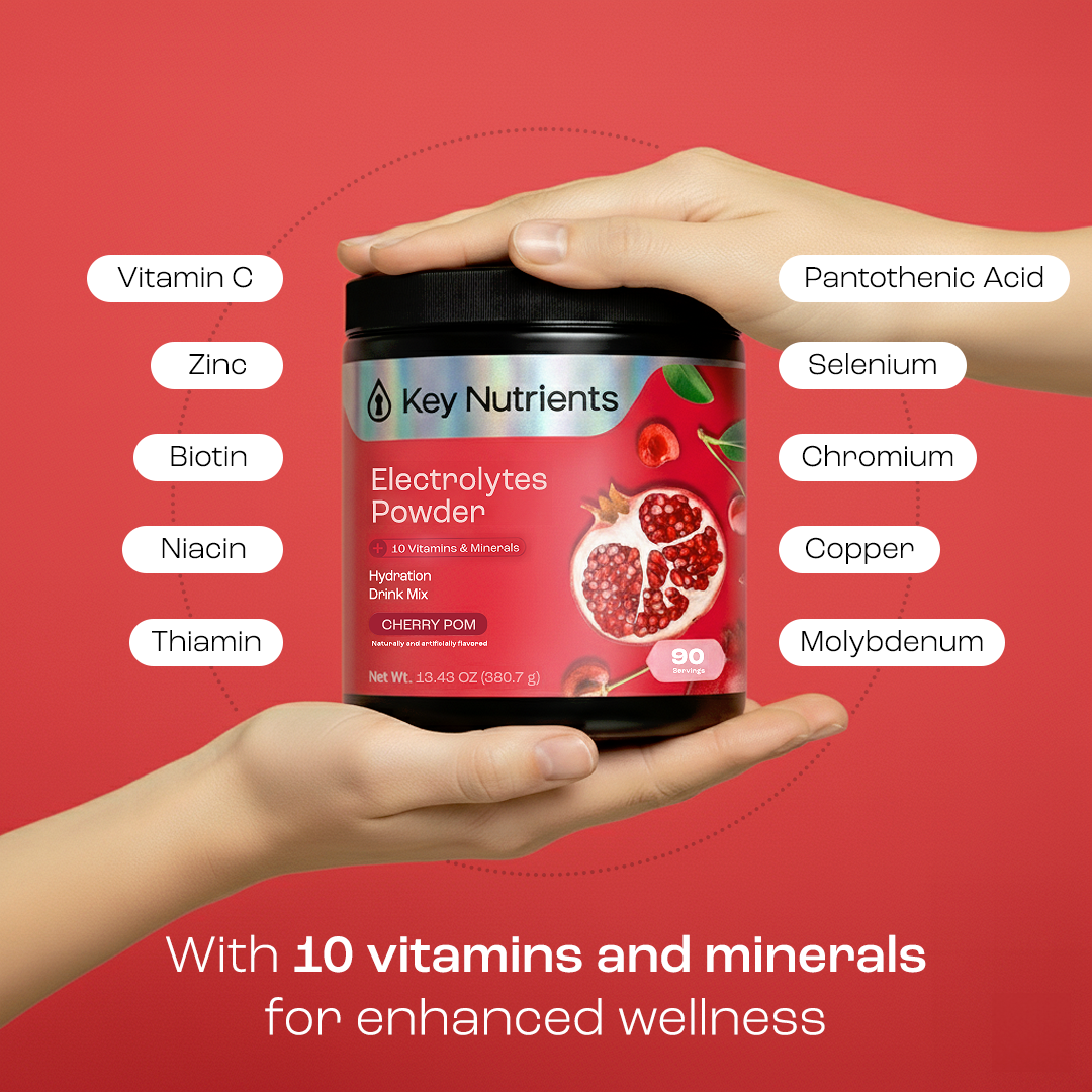 Electrolytes Powder tub, Cherry Pom flavor, held in hands