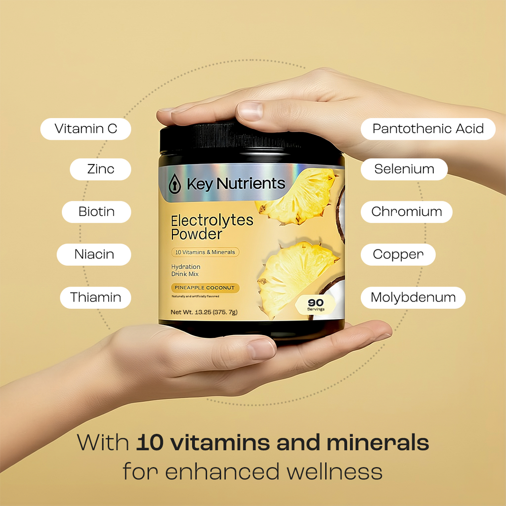 Hand holding Electrolytes Powder jar with vitamin/mineral callouts: Vitamin C to Molybdenum