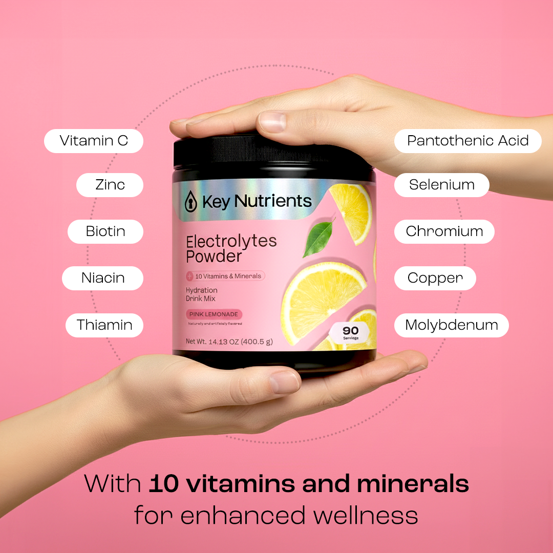 Electrolytes powder jar, pink lemonade flavor, 90 servings, Key Nutrients label