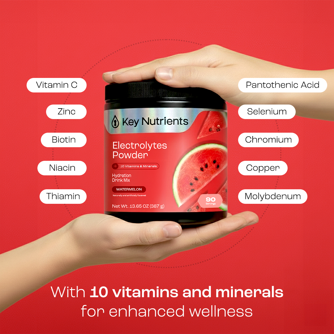 Electrolytes powder jar, watermelon flavor, 90 servings, Key Nutrients label