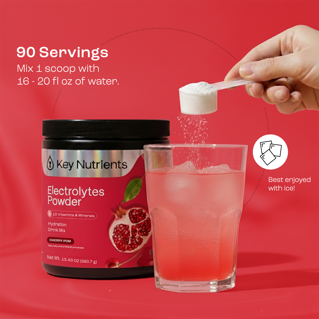 Electrolytes Powder tub and glass with ice; scoop adds powder into water
