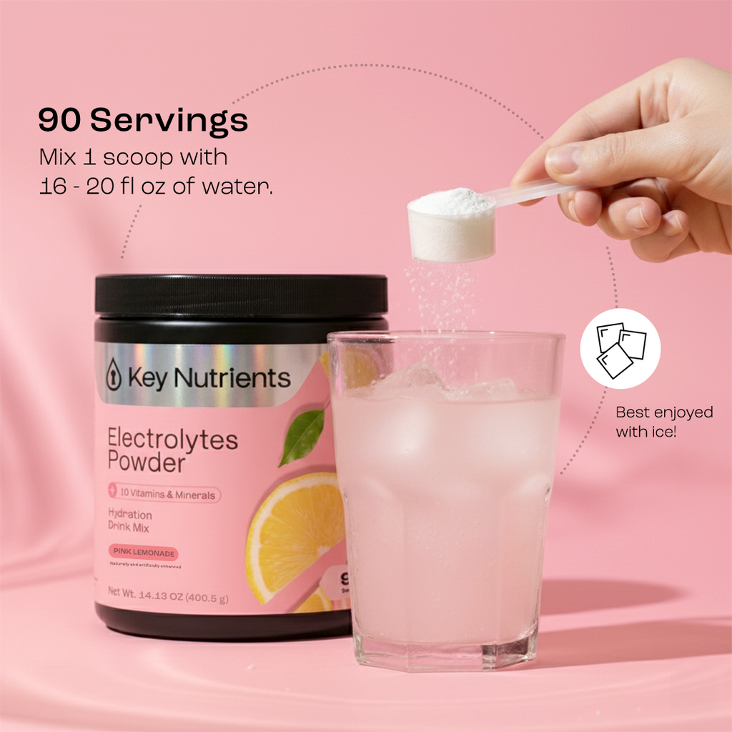 Electrolytes powder jar and glass with ice, pink lemonade flavor, 90 servings
