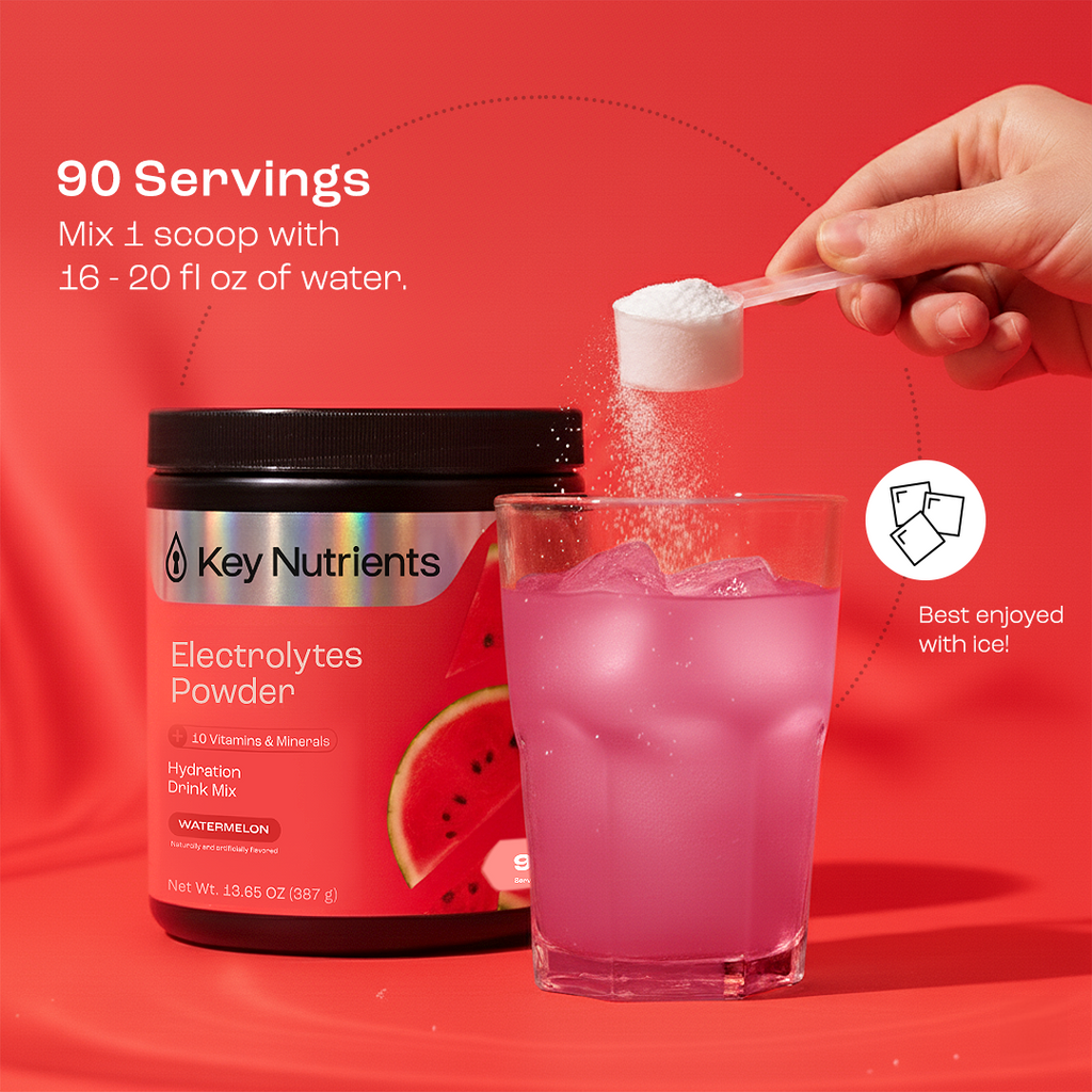 Electrolytes powder jar with scoop adding powder to a glass drink, watermelon flavor