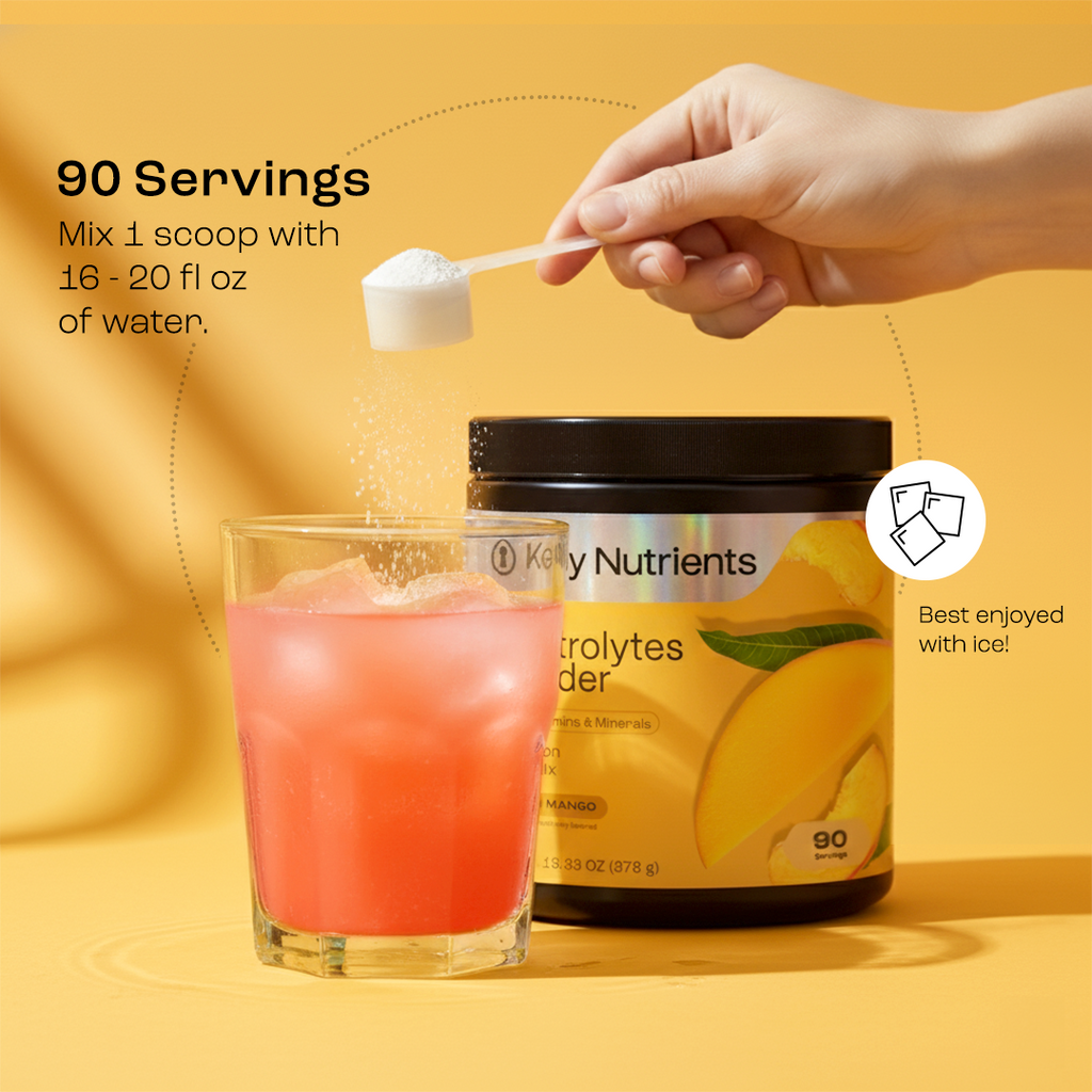 90 servings powder scoop and container beside a glass of pink electrolyte drink