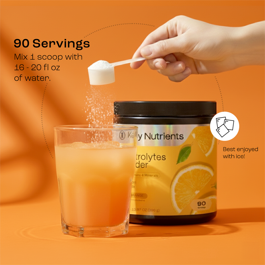 90 servings: hand scoops powder into a glass with electrolyte recovery plus jar