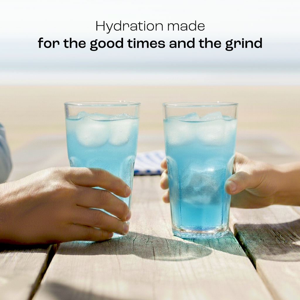 Two glasses of blue electrolyte drink with ice
