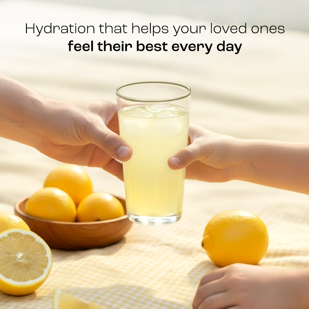 Glass of lemonade electrolyte drink held by two hands, with lemon fruit nearby