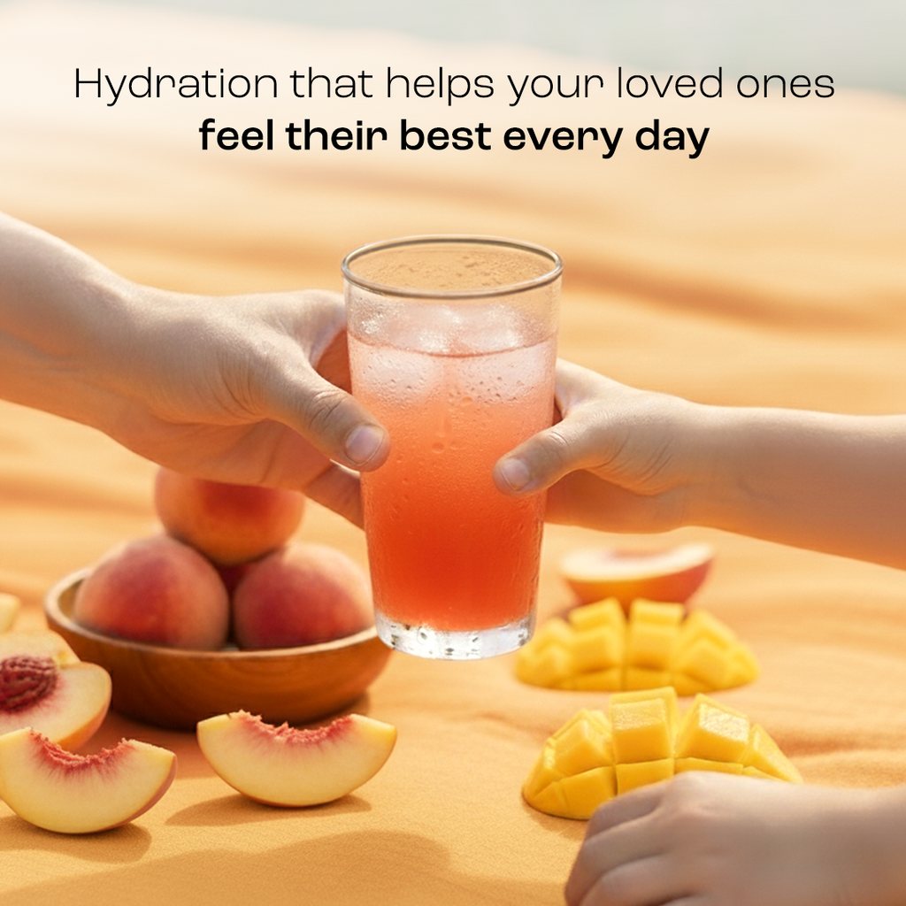 Electrolytes drink in a tall glass, peach-colored beverage with ice