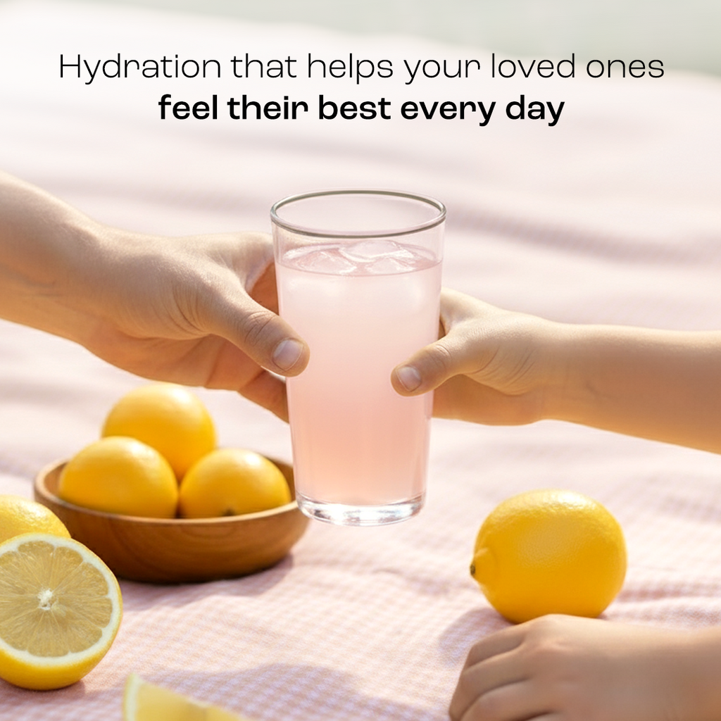 Electrolyte drink in a tall glass held by hands, with lemon slices