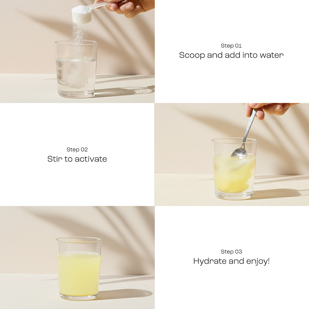 Electrolyte powder being poured into a glass of water with a measuring spoon