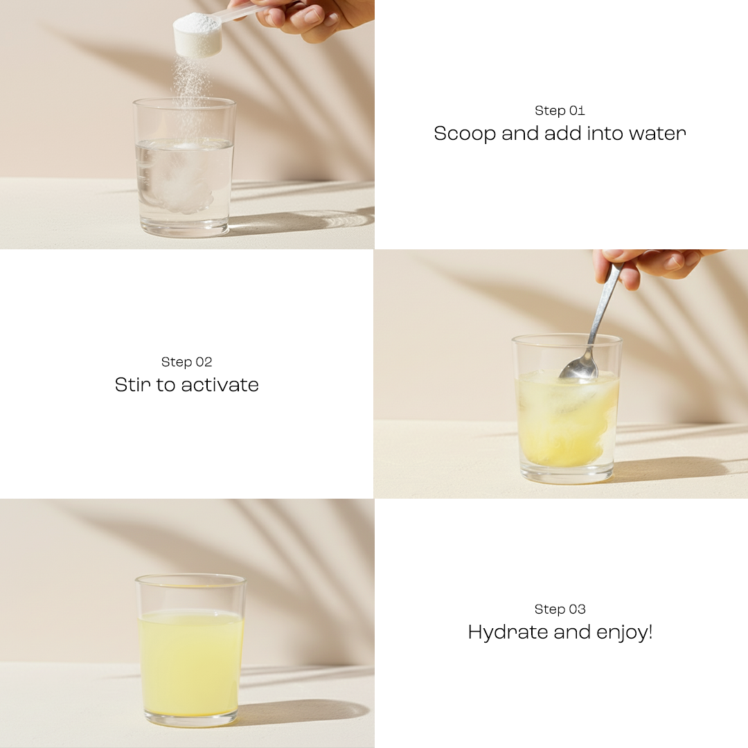 Electrolyte powder being poured into a glass of water with a measuring spoon