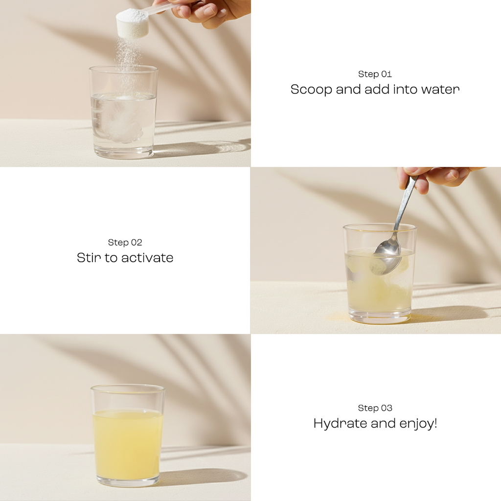 Mixing steps: add powder to water, stir, then hydrate in a glass