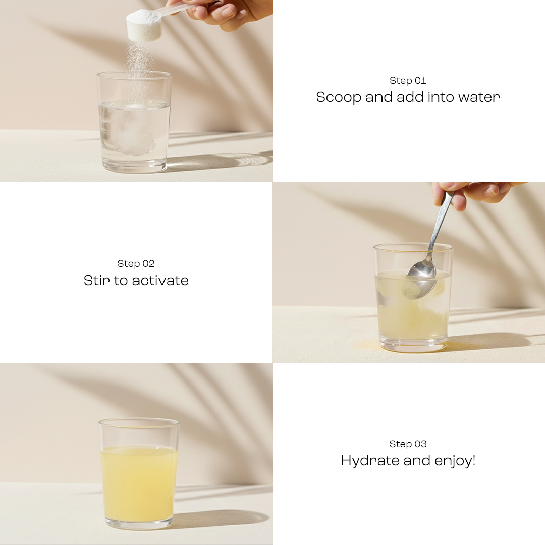 Mixing steps: add powder to water, stir, then hydrate in a glass