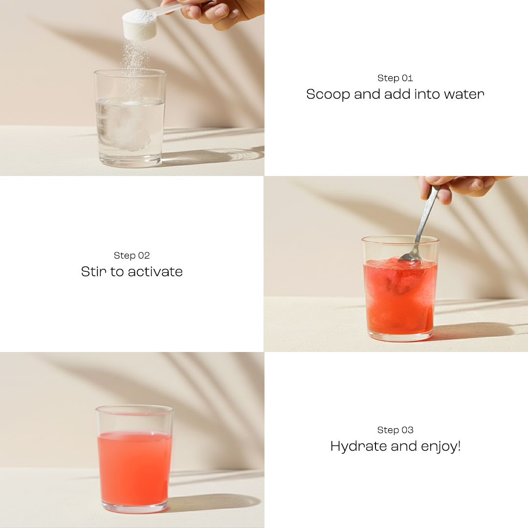 Mixing steps: scoop into water, stir, then enjoy—glass of pink drink shown
