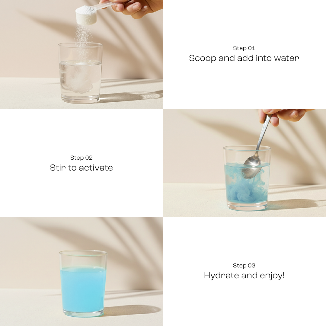 Scoop and stir Electrolytes Powder into water, then enjoy the blue drink