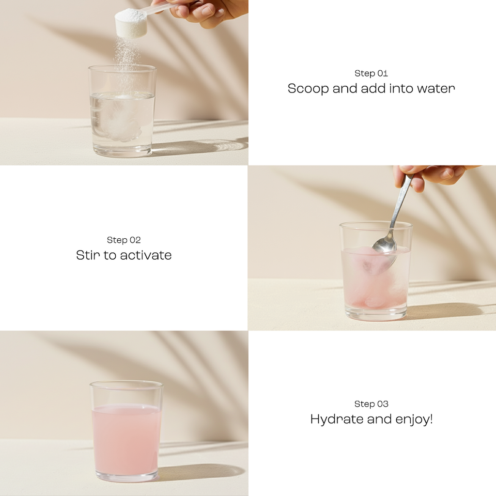 Scoop of electrolyte powder into water, then stir to activate, step instructions