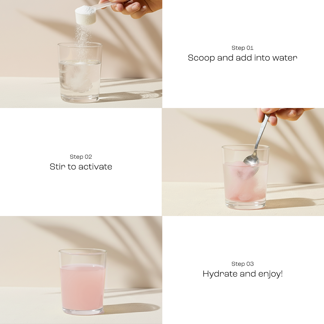 Scoop of electrolyte powder into water, then stir to activate, step instructions