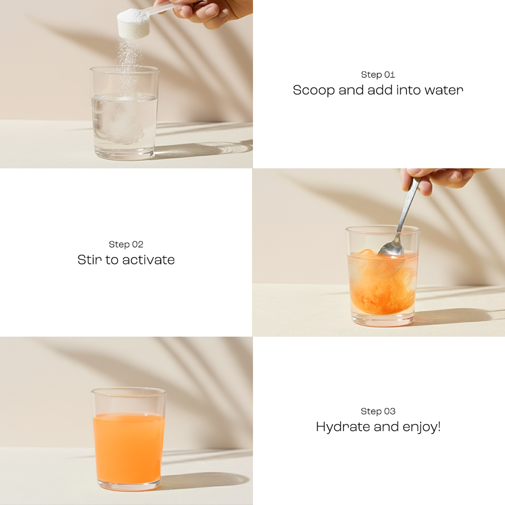 Preparation steps: scoop powder into water, stir, then hydrate and enjoy