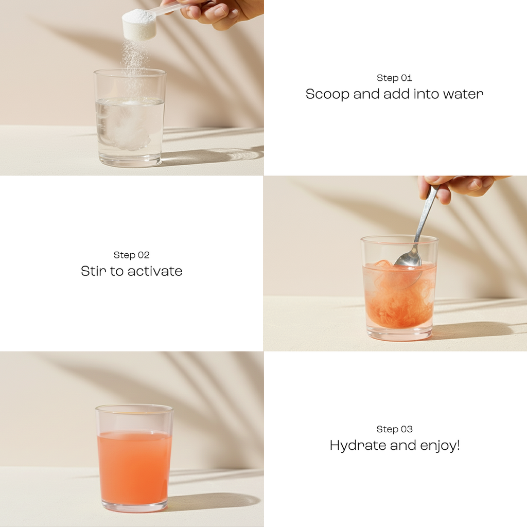 Measuring spoon mixing electrolyte powder into water, forming an orange-colored drink