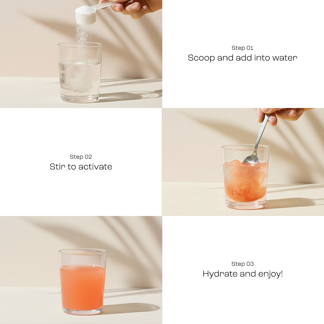 Measuring spoon mixing electrolyte powder into water, forming an orange-colored drink