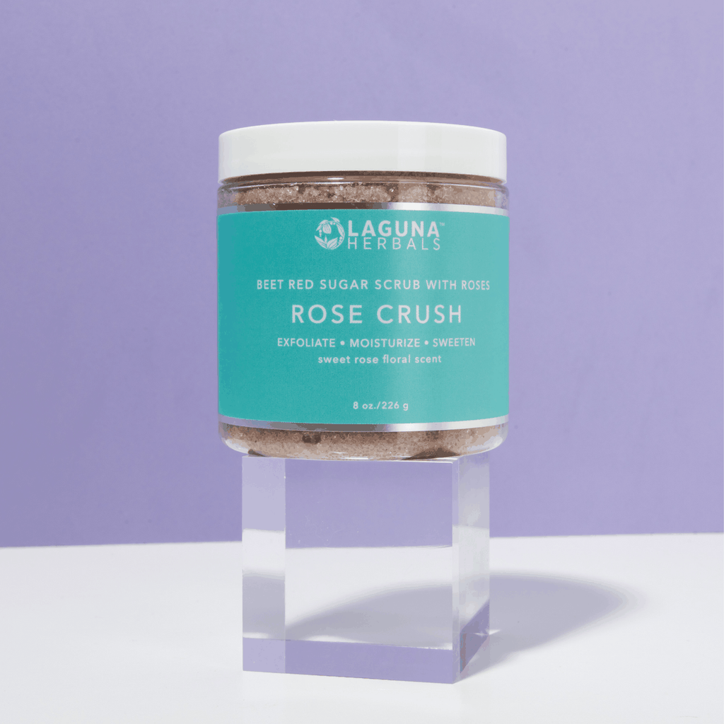 Rose Crush body scrub jar front label: exfoliate, moisturize, sweeten, rose scent