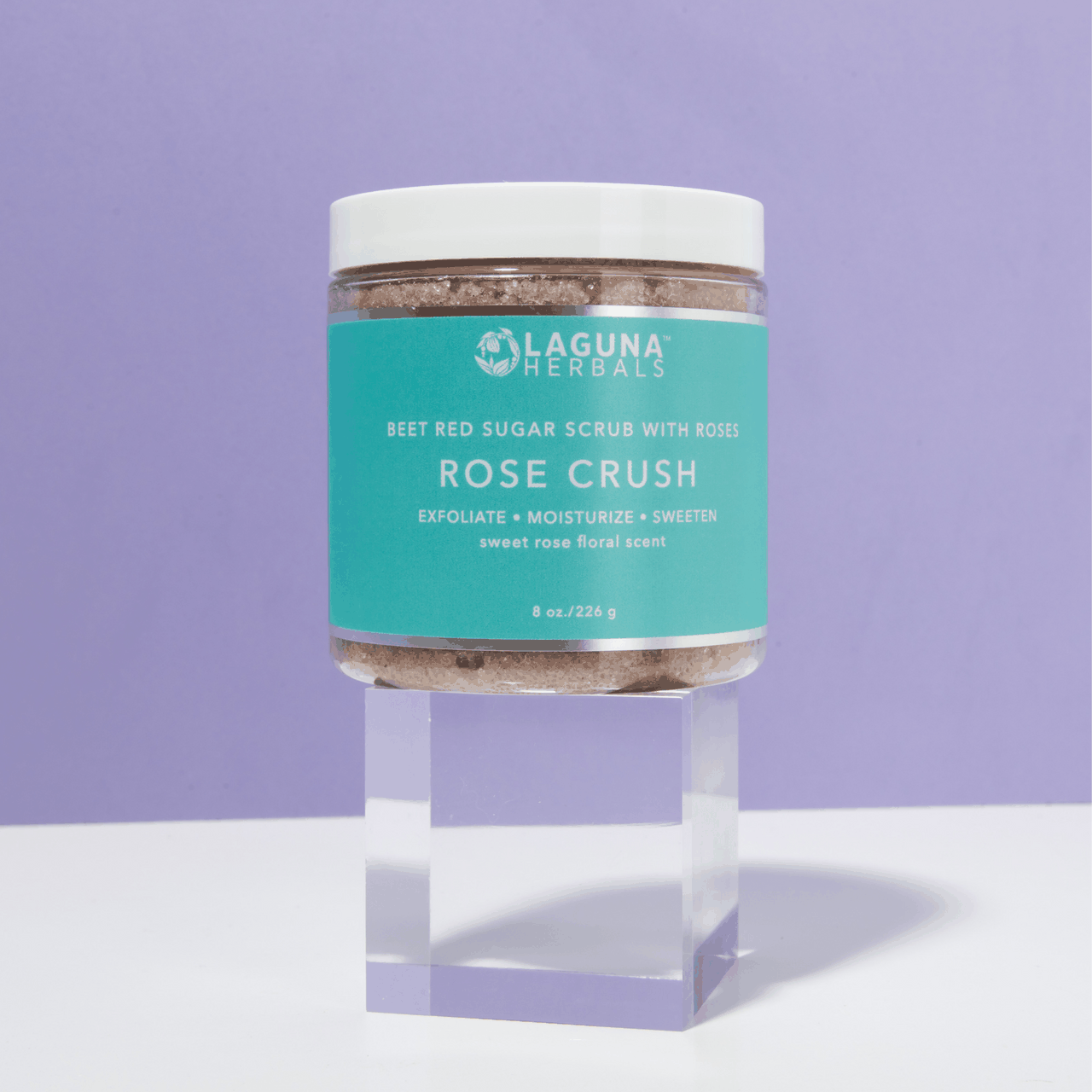 Rose Crush body scrub jar front label: exfoliate, moisturize, sweeten, rose scent