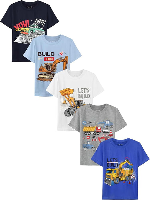 Boys construction truck graphic T-shirt 5-pack: navy, light blue, white, gray, blue