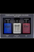 Pheromone Infused Cologne Gift Set with three cologne bottles: blue, white, and red