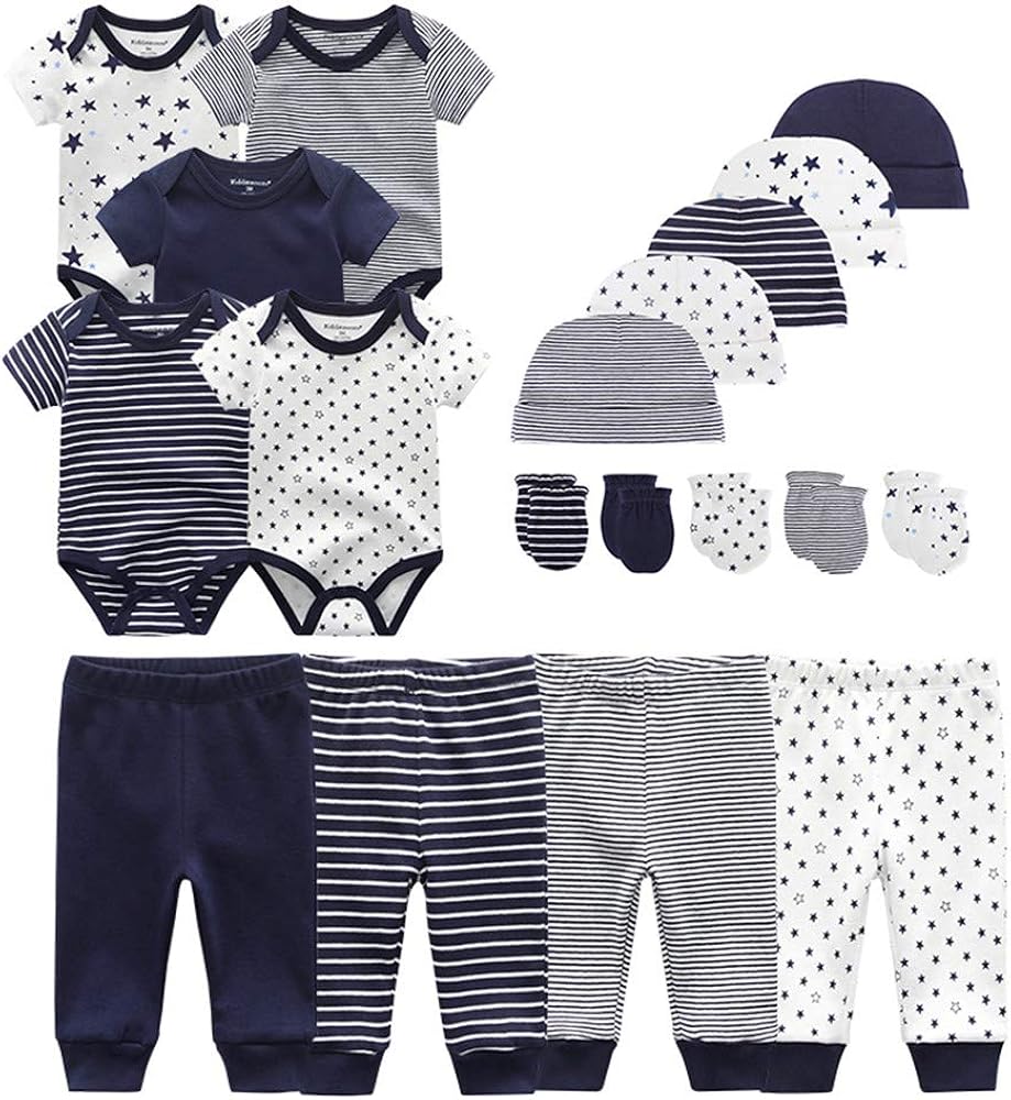 Baby clothing set: navy/white star & striped bodysuits and matching pants