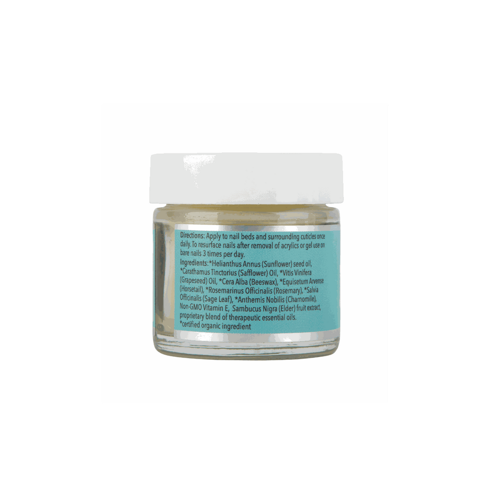 Restore nail restoration balm back label on glass jar with white cap