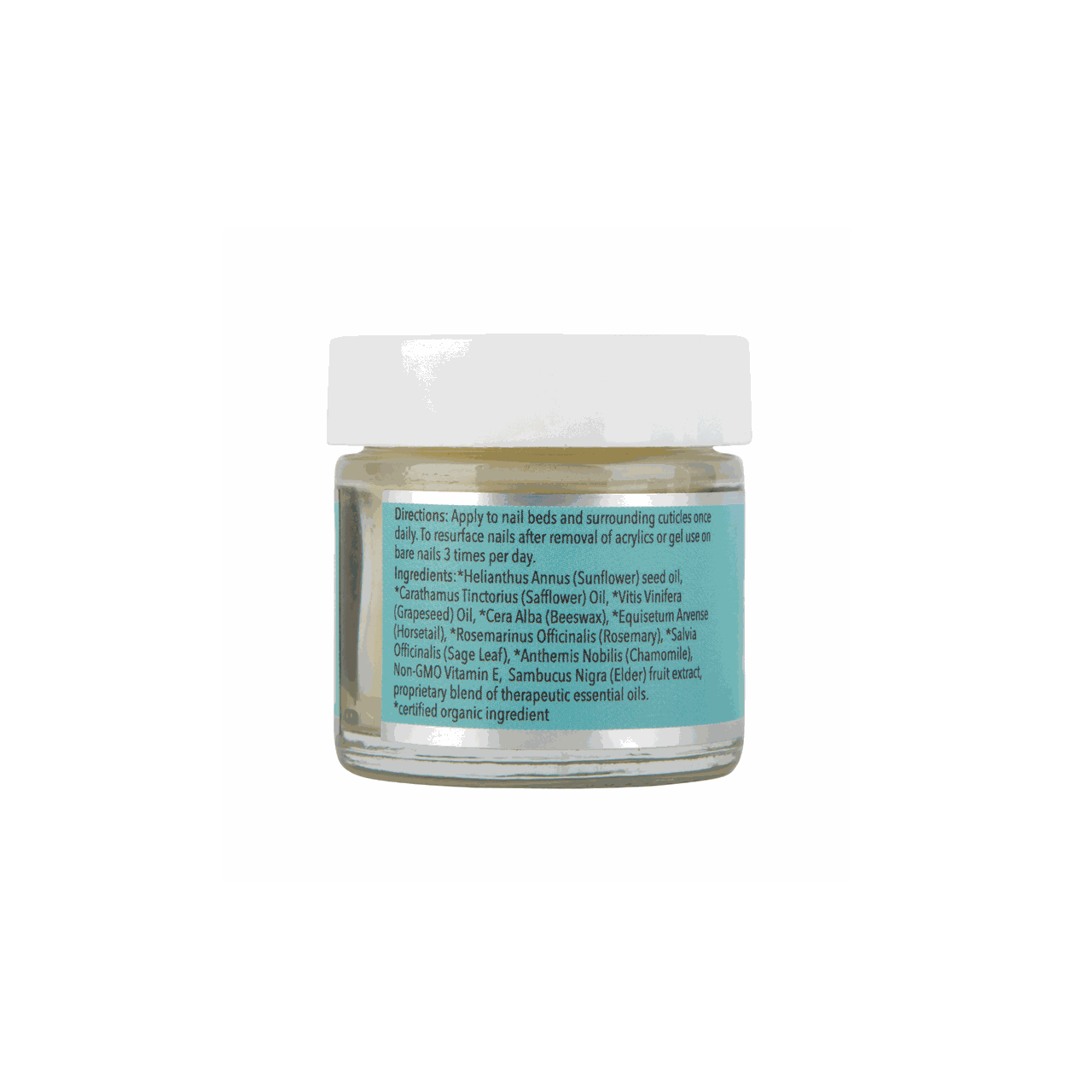 Restore nail restoration balm back label on glass jar with white cap