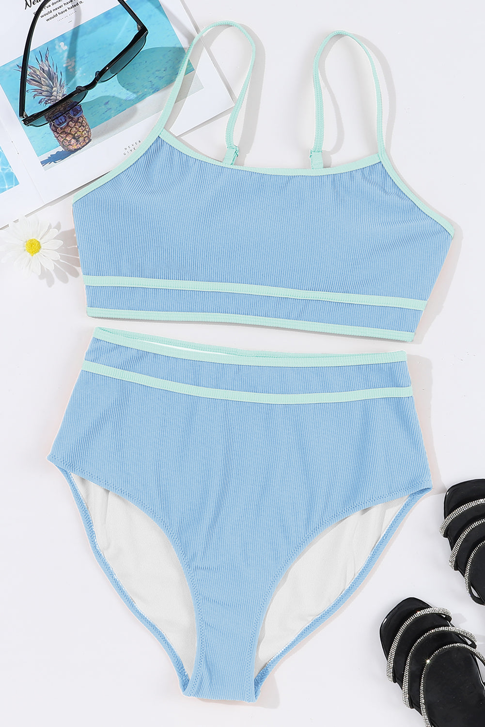 Beau Blue ribbed bikini set, spaghetti-strap crop top and briefs, contrast trim