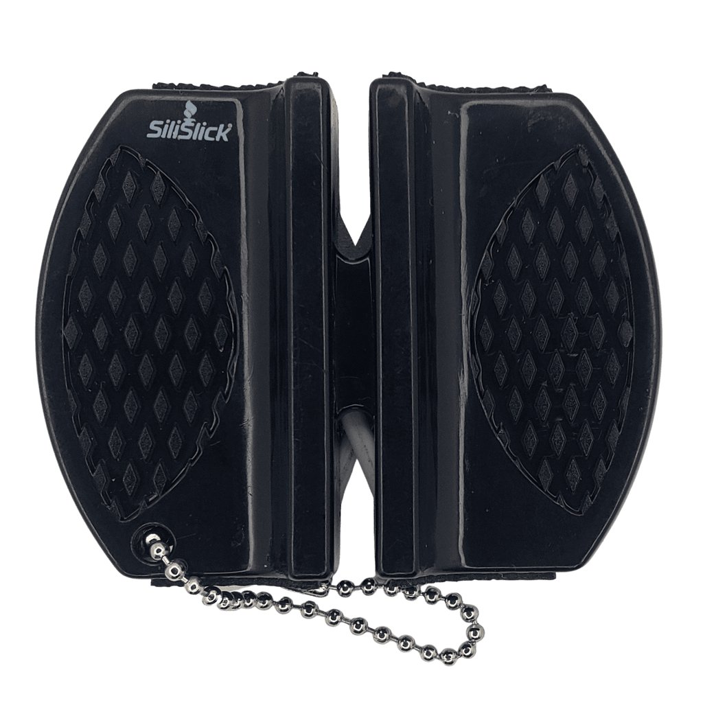 Black magnetic rack with two end panels and chain; textured grip surfaces
