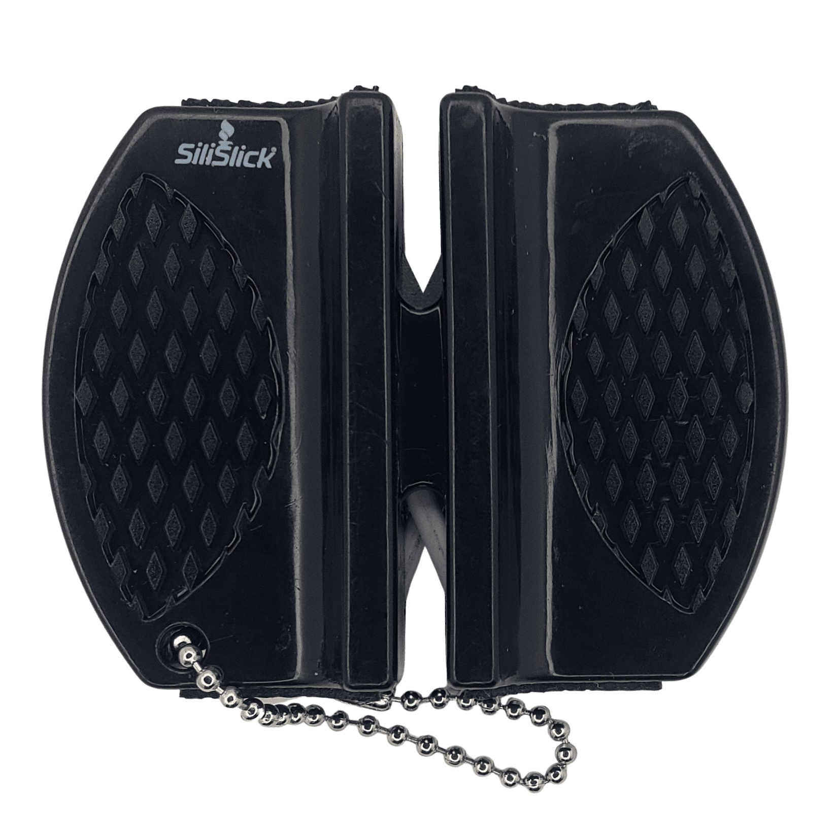 Black magnetic rack with two end panels and chain; textured grip surfaces