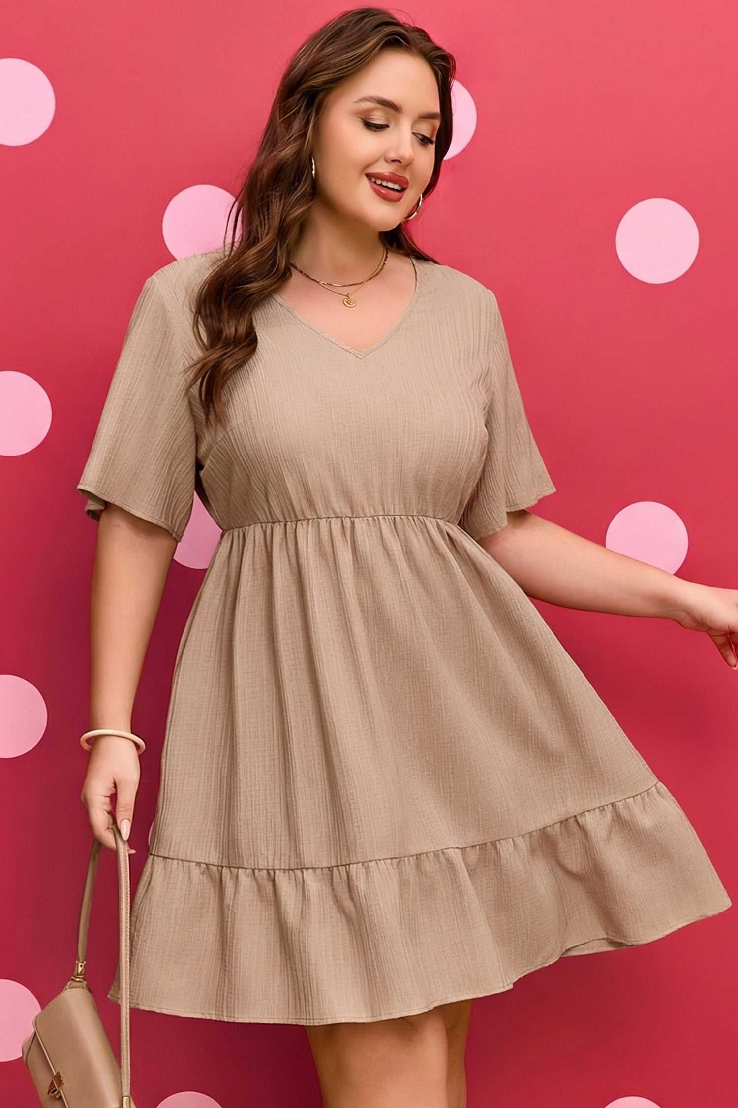 Dark khaki textured plus-size V-neck short-sleeve mini dress with gathered waist tiers