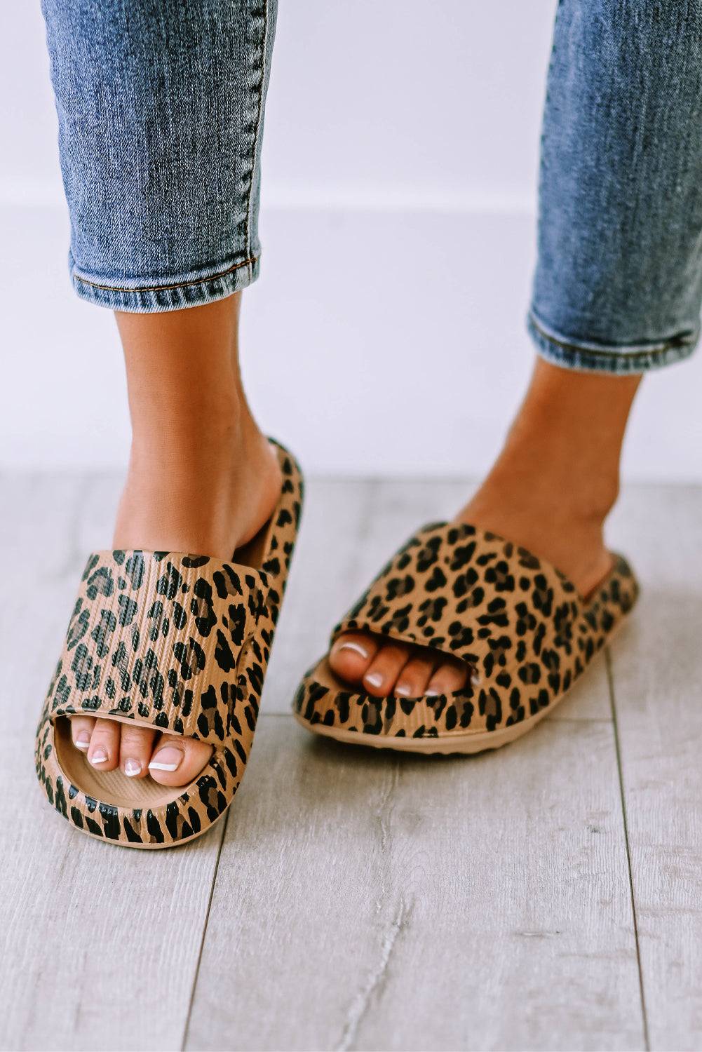 Leopard print slip-on slippers, front pair view with open toes