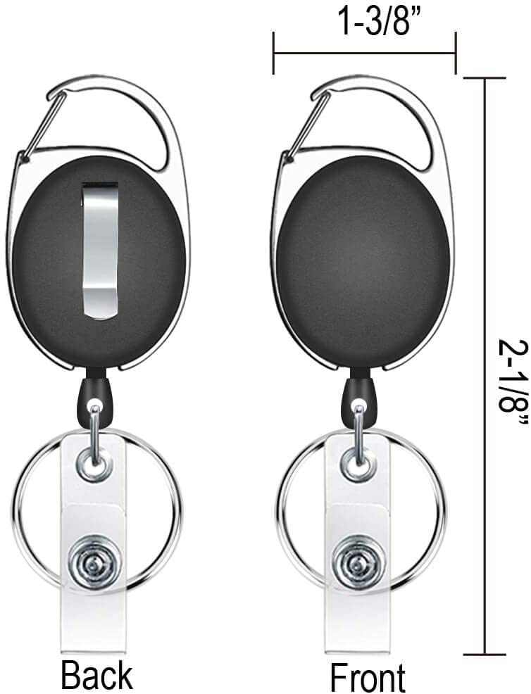 Retractable keychain holder, black front and back view with round metal keyring