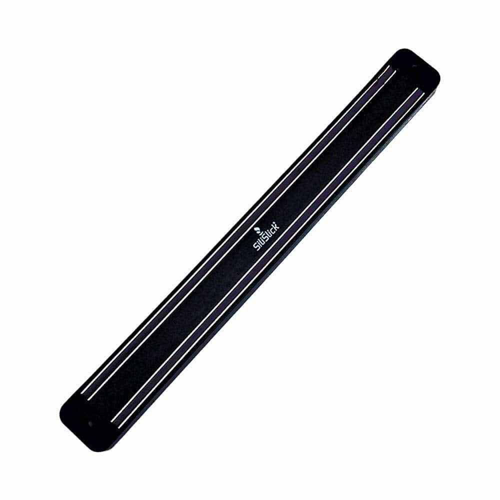 Black magnetic knife rack with SiliSlick logo on front panel
