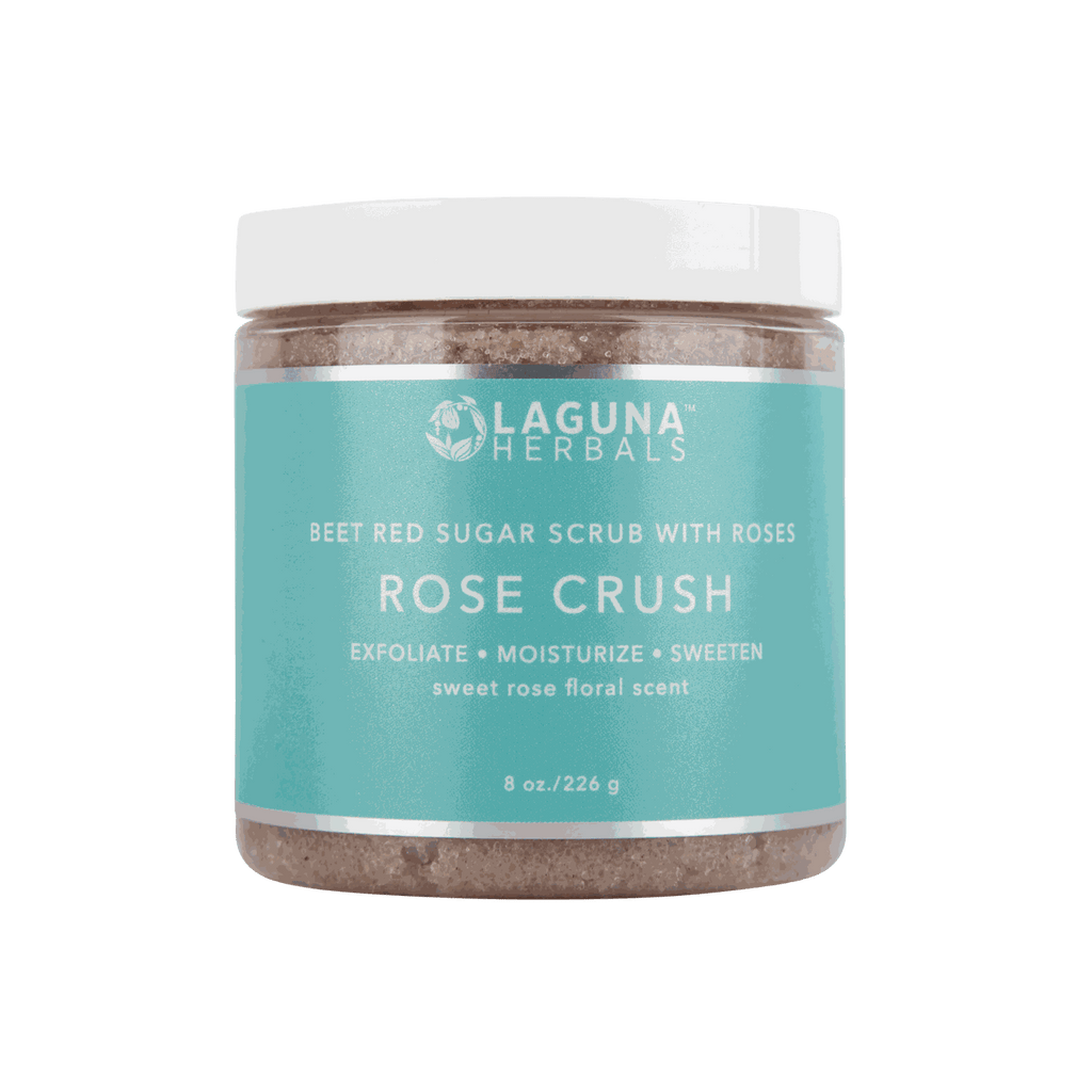 Rose Crush exfoliating body scrub jar with teal label and rose floral sweet scent