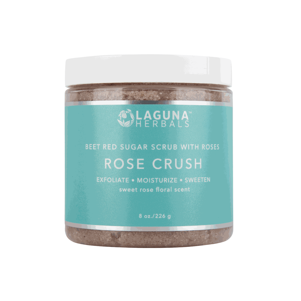 Rose Crush exfoliating body scrub jar with teal label and rose floral sweet scent