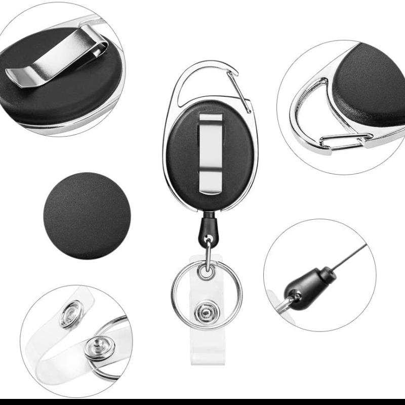 Retractable keychain holder, black oval case with side latch and keyring